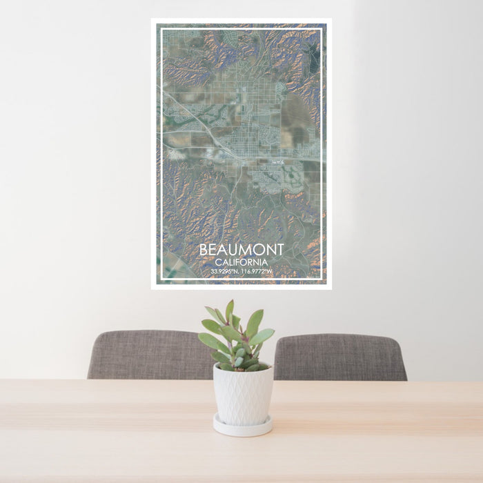 24x36 Beaumont California Map Print Portrait Orientation in Afternoon Style Behind 2 Chairs Table and Potted Plant