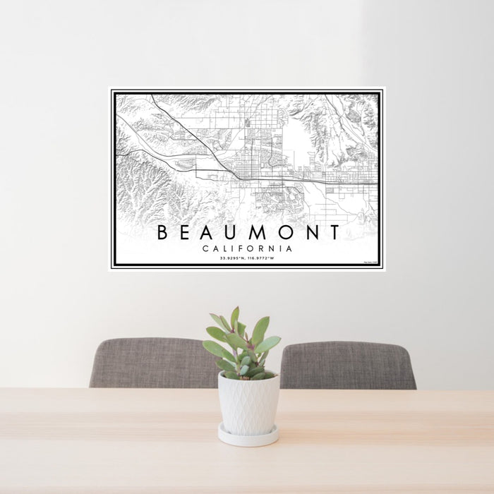 24x36 Beaumont California Map Print Lanscape Orientation in Classic Style Behind 2 Chairs Table and Potted Plant