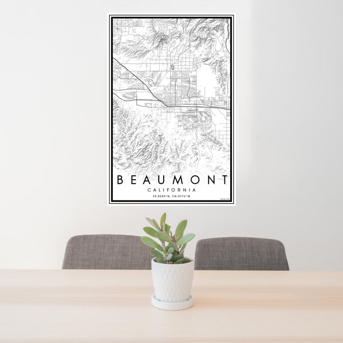 24x36 Beaumont California Map Print Portrait Orientation in Classic Style Behind 2 Chairs Table and Potted Plant