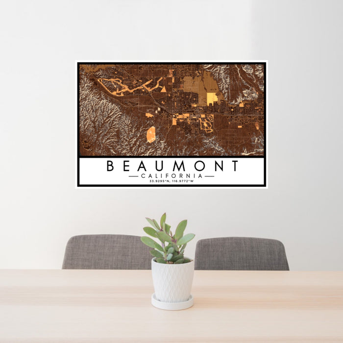 24x36 Beaumont California Map Print Lanscape Orientation in Ember Style Behind 2 Chairs Table and Potted Plant