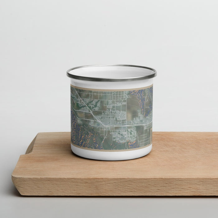 Front View Custom Beaumont California Map Enamel Mug in Afternoon on Cutting Board