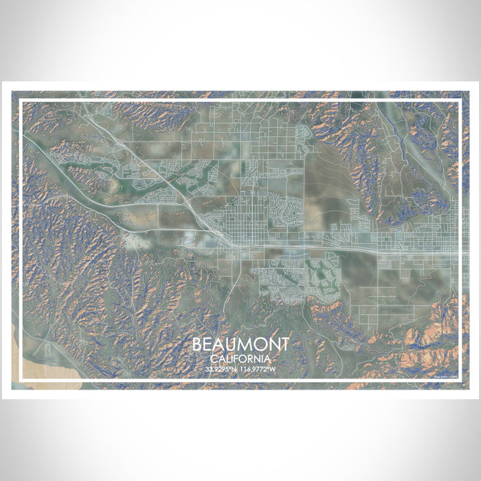 Beaumont California Map Print Landscape Orientation in Afternoon Style With Shaded Background