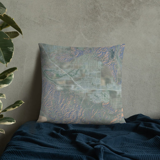 Custom Beaumont California Map Throw Pillow in Afternoon on Bedding Against Wall