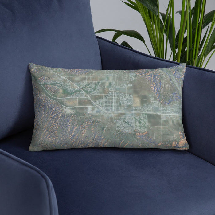 Custom Beaumont California Map Throw Pillow in Afternoon on Blue Colored Chair