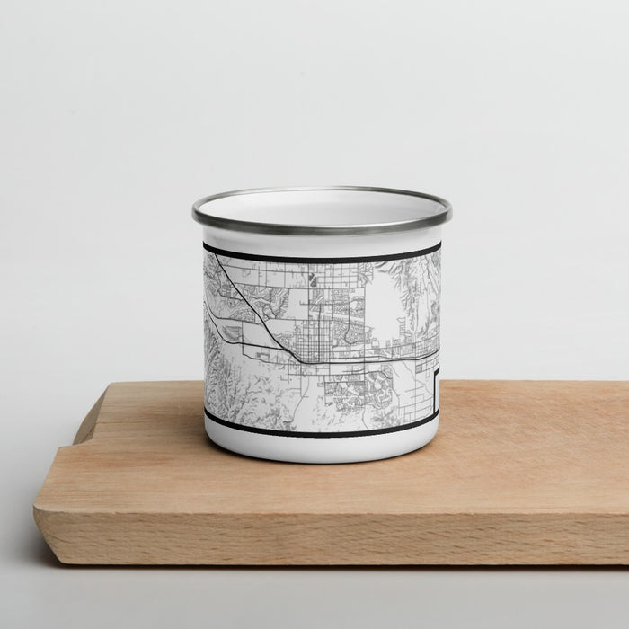 Front View Custom Beaumont California Map Enamel Mug in Classic on Cutting Board