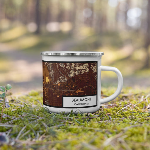 Right View Custom Beaumont California Map Enamel Mug in Ember on Grass With Trees in Background