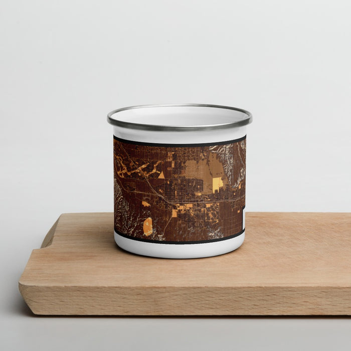 Front View Custom Beaumont California Map Enamel Mug in Ember on Cutting Board