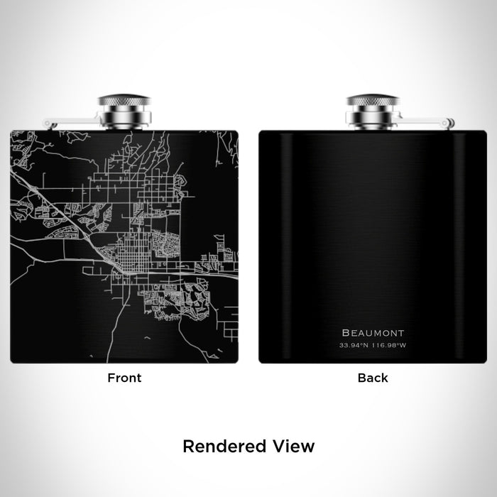 Rendered View of Beaumont California Map Engraving on 6oz Stainless Steel Flask in Black
