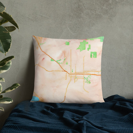 Custom Beaumont California Map Throw Pillow in Watercolor on Bedding Against Wall