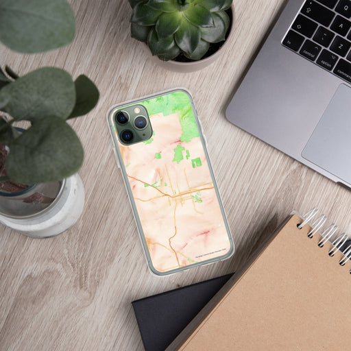 Custom Beaumont California Map Phone Case in Watercolor on Table with Laptop and Plant