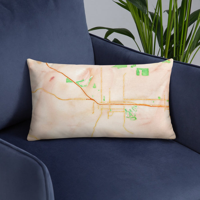 Custom Beaumont California Map Throw Pillow in Watercolor on Blue Colored Chair