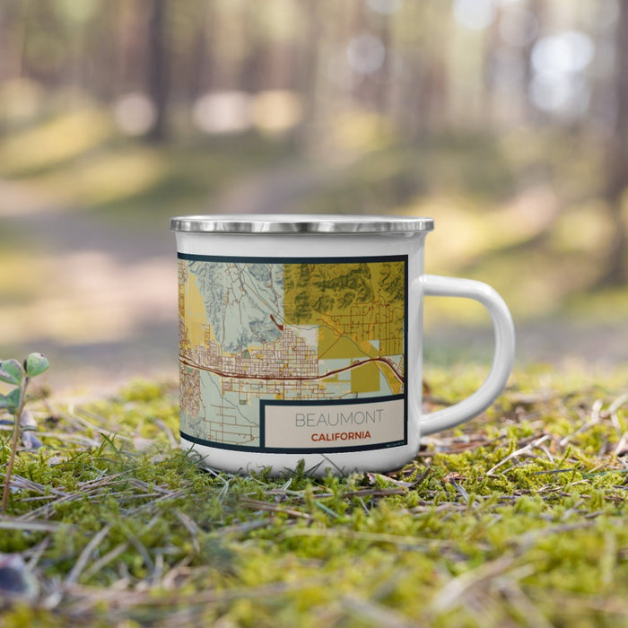 Right View Custom Beaumont California Map Enamel Mug in Woodblock on Grass With Trees in Background
