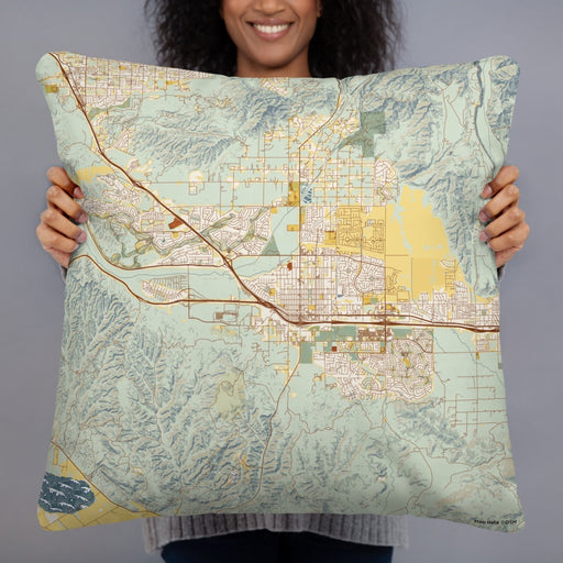 Person holding 22x22 Custom Beaumont California Map Throw Pillow in Woodblock