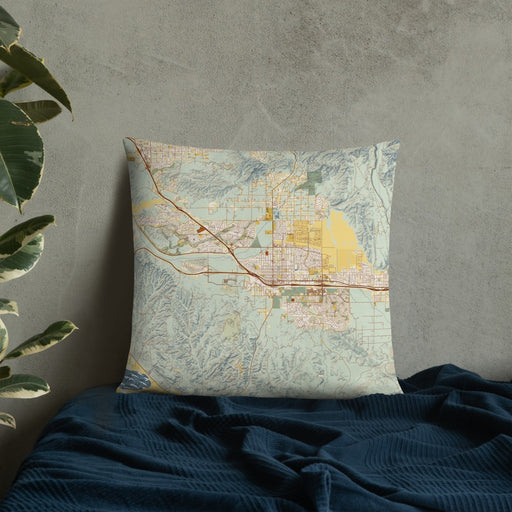 Custom Beaumont California Map Throw Pillow in Woodblock on Bedding Against Wall