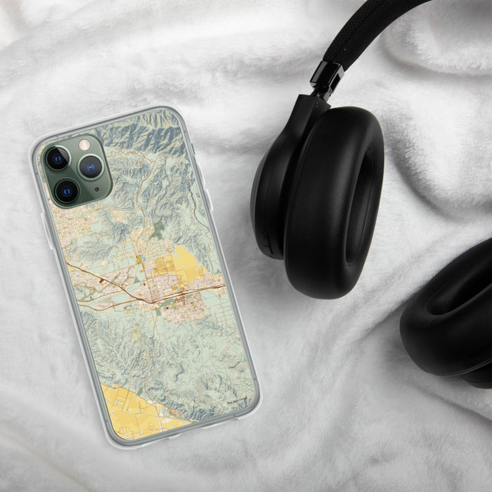 Custom Beaumont California Map Phone Case in Woodblock on Table with Black Headphones