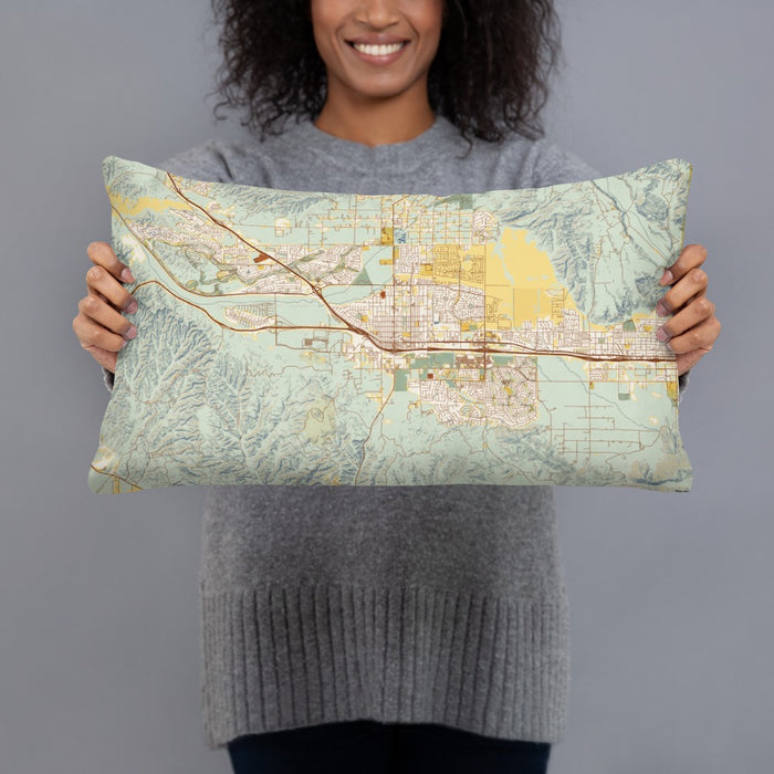 Person holding 20x12 Custom Beaumont California Map Throw Pillow in Woodblock