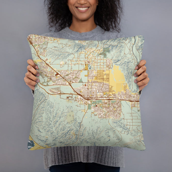 Person holding 18x18 Custom Beaumont California Map Throw Pillow in Woodblock
