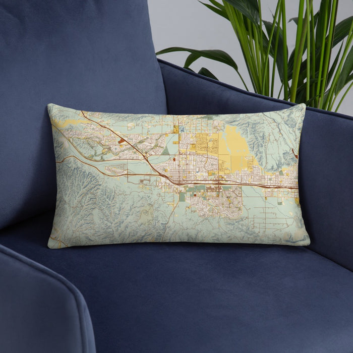 Custom Beaumont California Map Throw Pillow in Woodblock on Blue Colored Chair