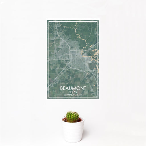 12x18 Beaumont Texas Map Print Portrait Orientation in Afternoon Style With Small Cactus Plant in White Planter