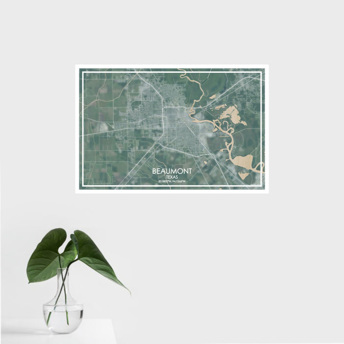 16x24 Beaumont Texas Map Print Landscape Orientation in Afternoon Style With Tropical Plant Leaves in Water