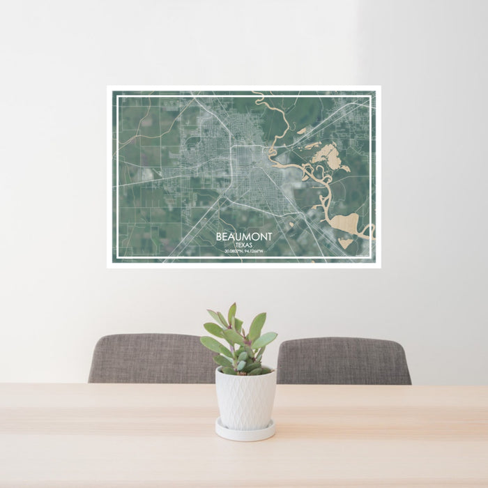 24x36 Beaumont Texas Map Print Lanscape Orientation in Afternoon Style Behind 2 Chairs Table and Potted Plant