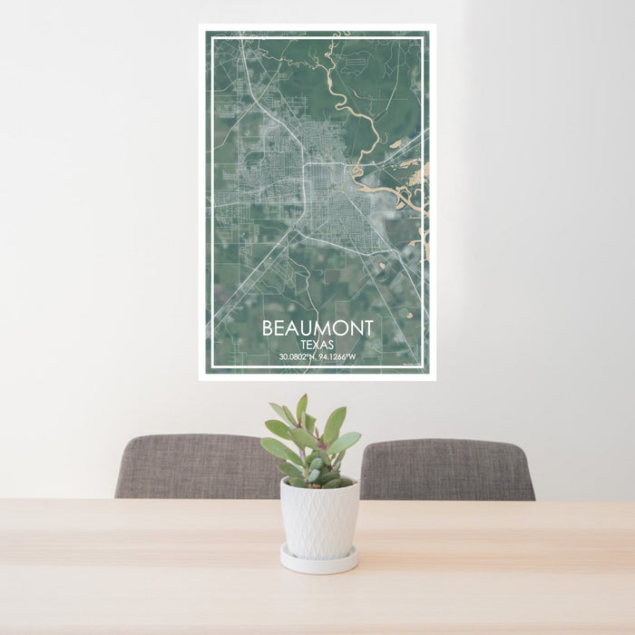 24x36 Beaumont Texas Map Print Portrait Orientation in Afternoon Style Behind 2 Chairs Table and Potted Plant