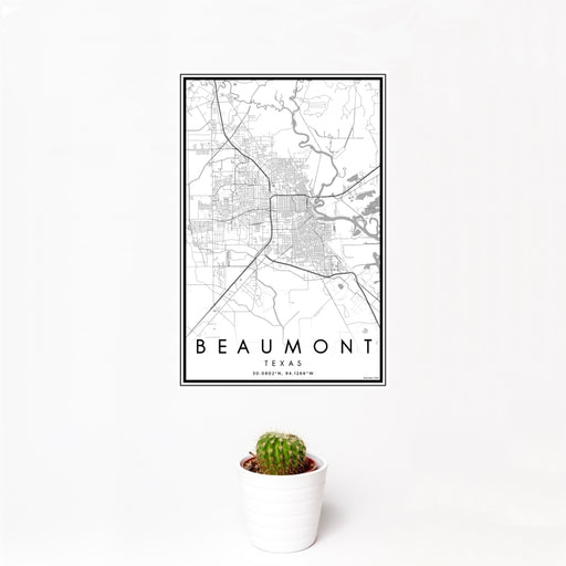 12x18 Beaumont Texas Map Print Portrait Orientation in Classic Style With Small Cactus Plant in White Planter