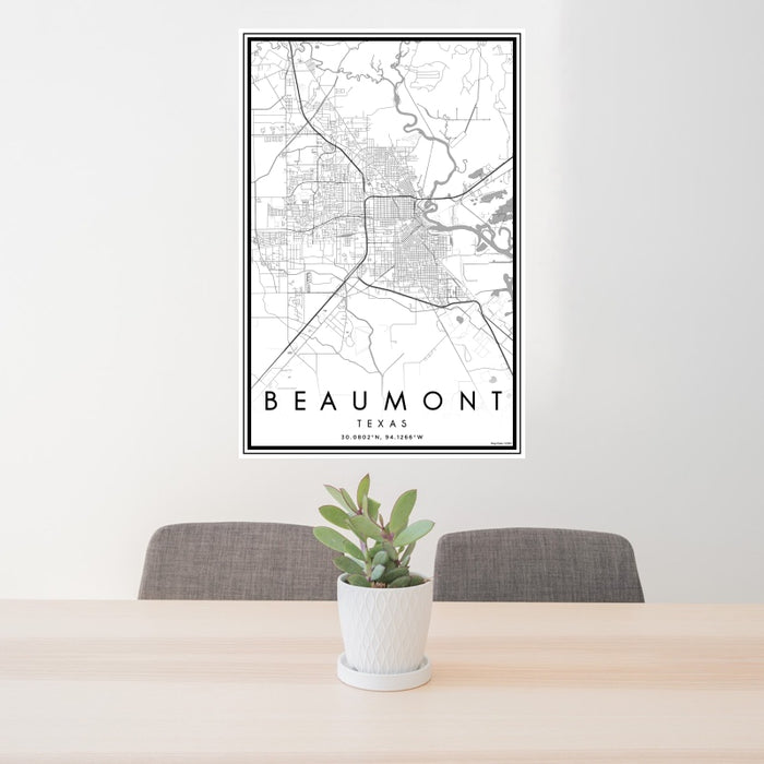24x36 Beaumont Texas Map Print Portrait Orientation in Classic Style Behind 2 Chairs Table and Potted Plant