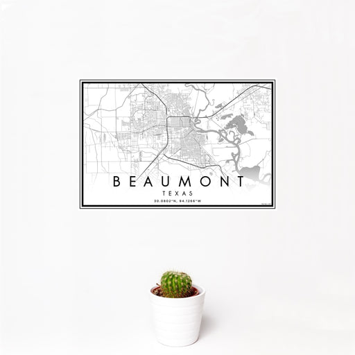 12x18 Beaumont Texas Map Print Landscape Orientation in Classic Style With Small Cactus Plant in White Planter