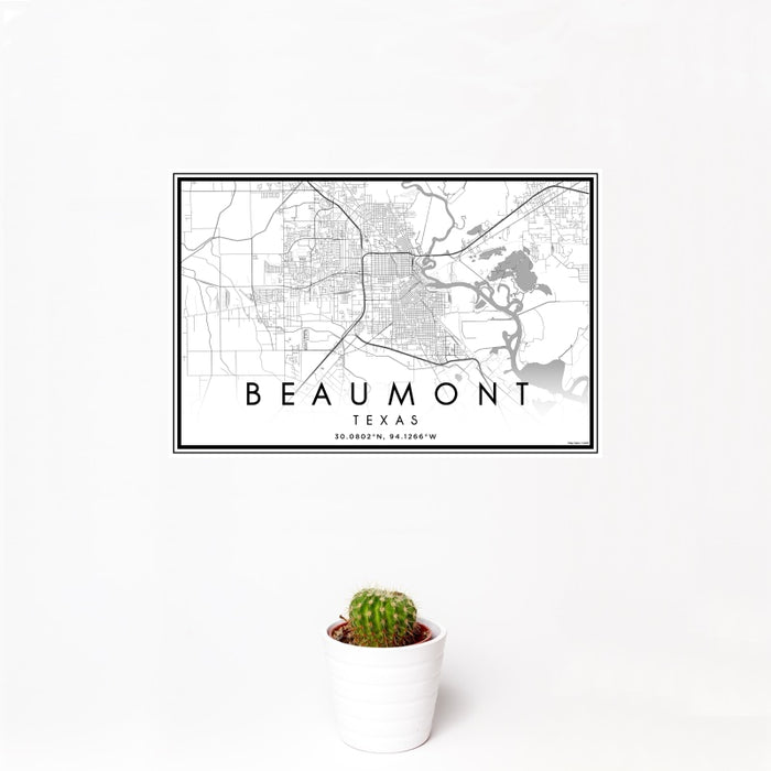 12x18 Beaumont Texas Map Print Landscape Orientation in Classic Style With Small Cactus Plant in White Planter