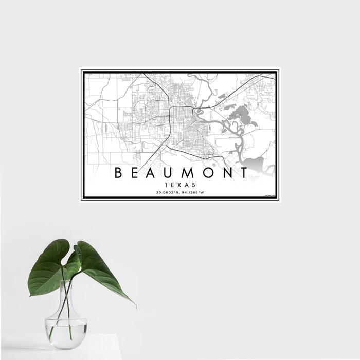 16x24 Beaumont Texas Map Print Landscape Orientation in Classic Style With Tropical Plant Leaves in Water