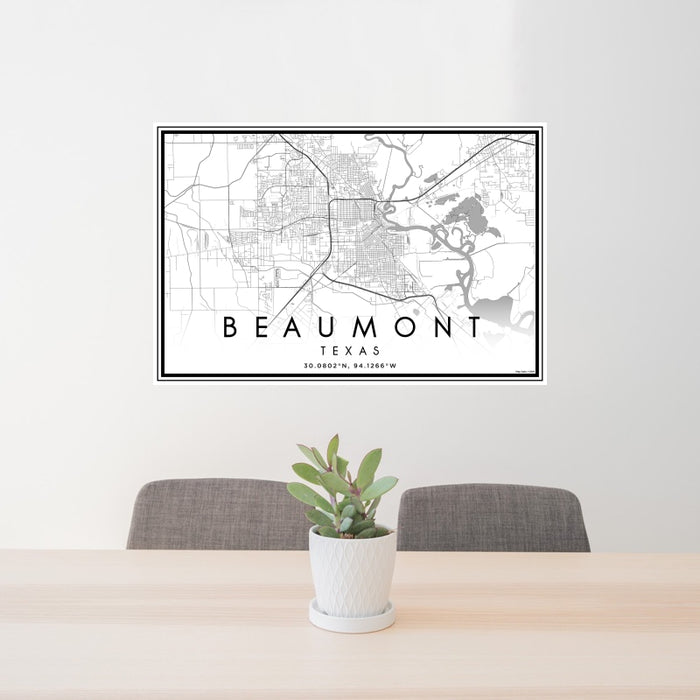 24x36 Beaumont Texas Map Print Landscape Orientation in Classic Style Behind 2 Chairs Table and Potted Plant