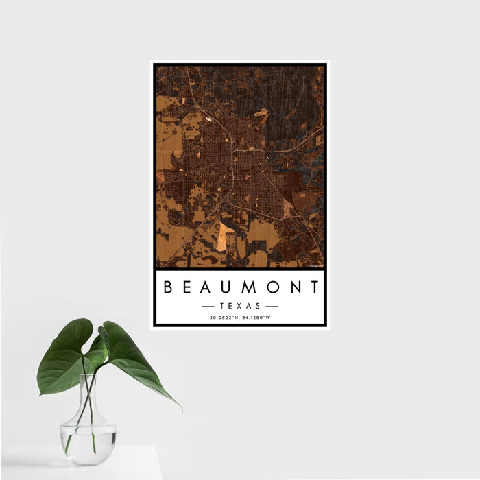 16x24 Beaumont Texas Map Print Portrait Orientation in Ember Style With Tropical Plant Leaves in Water