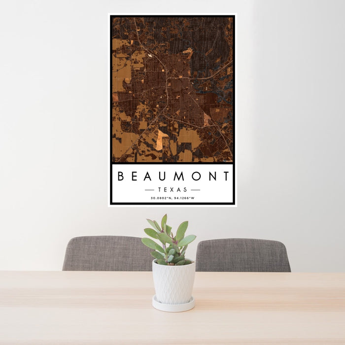 24x36 Beaumont Texas Map Print Portrait Orientation in Ember Style Behind 2 Chairs Table and Potted Plant