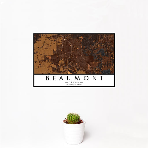 12x18 Beaumont Texas Map Print Landscape Orientation in Ember Style With Small Cactus Plant in White Planter