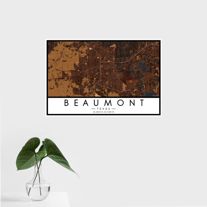 16x24 Beaumont Texas Map Print Landscape Orientation in Ember Style With Tropical Plant Leaves in Water