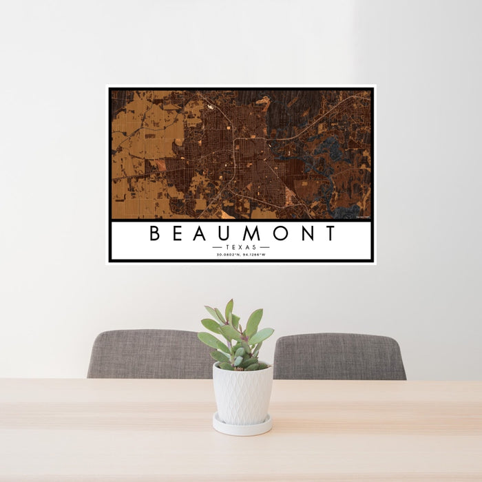 24x36 Beaumont Texas Map Print Landscape Orientation in Ember Style Behind 2 Chairs Table and Potted Plant