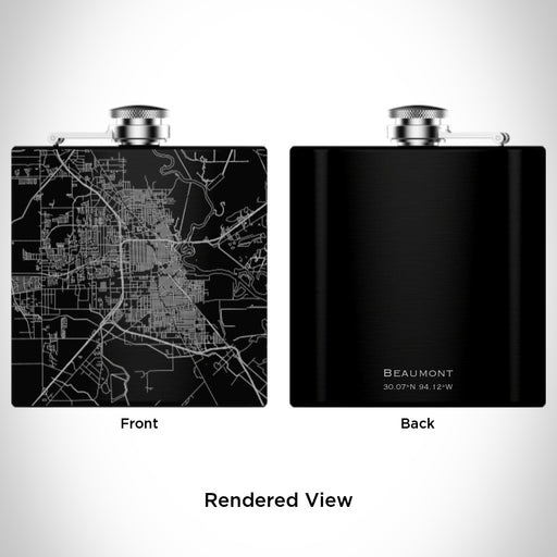 Rendered View of Beaumont Texas Map Engraving on 6oz Stainless Steel Flask in Black