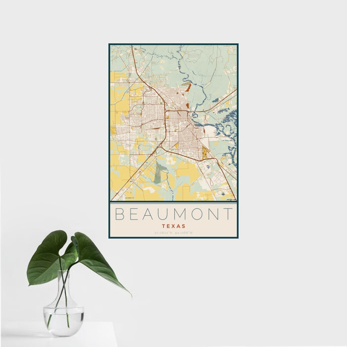16x24 Beaumont Texas Map Print Portrait Orientation in Woodblock Style With Tropical Plant Leaves in Water