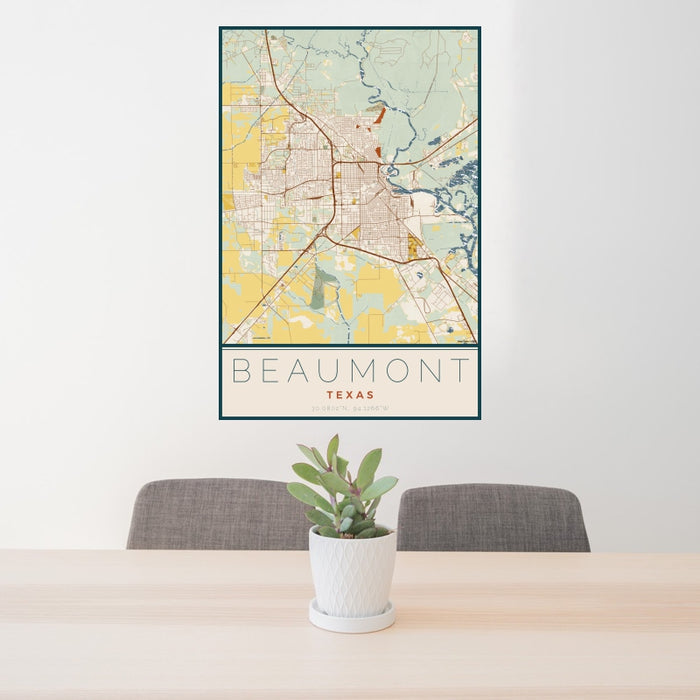 24x36 Beaumont Texas Map Print Portrait Orientation in Woodblock Style Behind 2 Chairs Table and Potted Plant