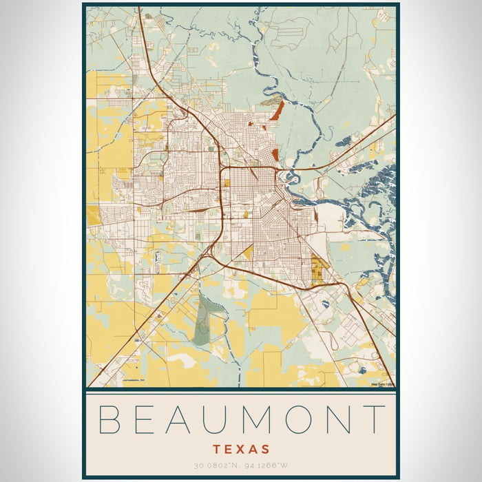 Beaumont Texas Map Print Portrait Orientation in Woodblock Style With Shaded Background