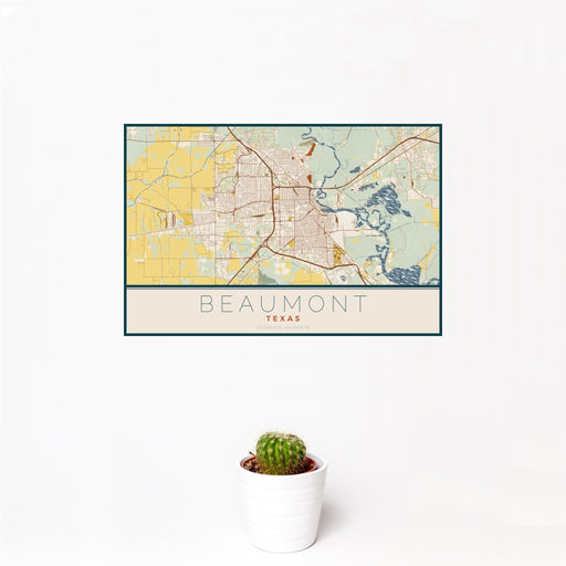12x18 Beaumont Texas Map Print Landscape Orientation in Woodblock Style With Small Cactus Plant in White Planter