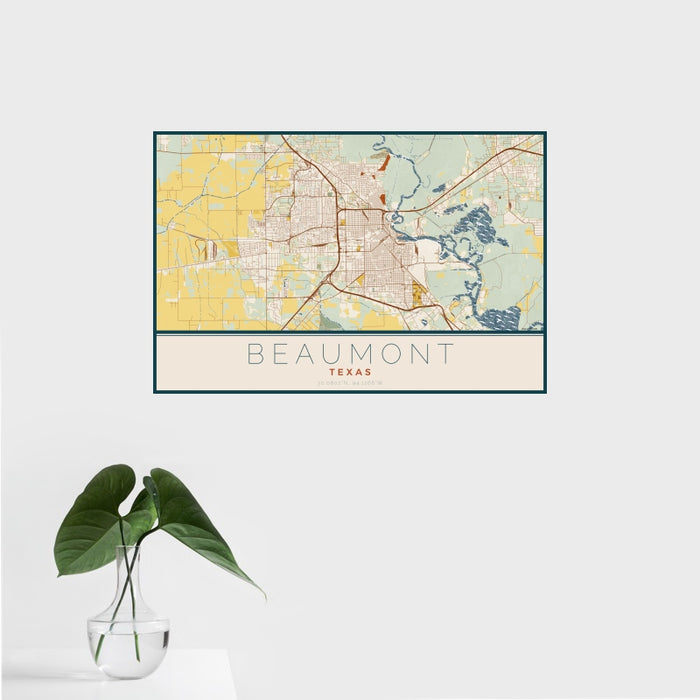 16x24 Beaumont Texas Map Print Landscape Orientation in Woodblock Style With Tropical Plant Leaves in Water