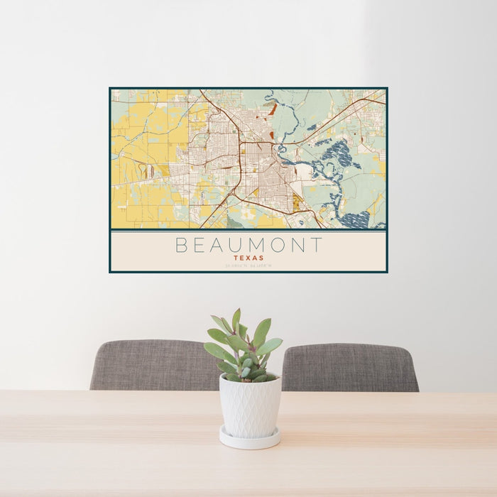 24x36 Beaumont Texas Map Print Landscape Orientation in Woodblock Style Behind 2 Chairs Table and Potted Plant