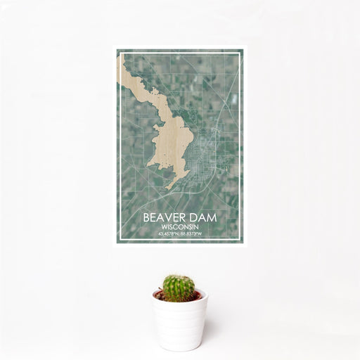 12x18 Beaver Dam Wisconsin Map Print Portrait Orientation in Afternoon Style With Small Cactus Plant in White Planter