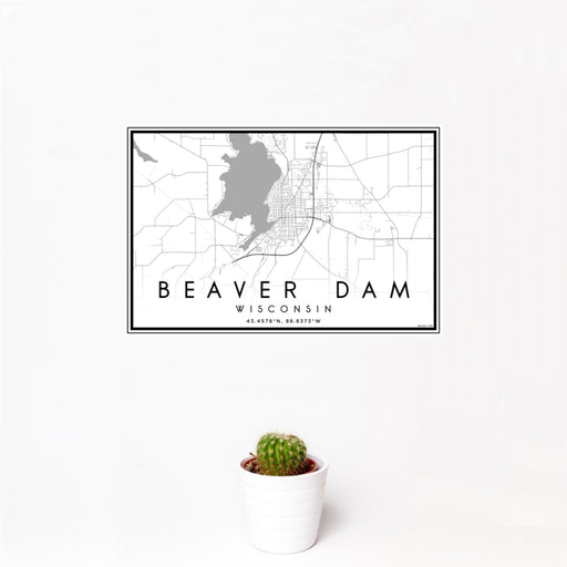12x18 Beaver Dam Wisconsin Map Print Landscape Orientation in Classic Style With Small Cactus Plant in White Planter