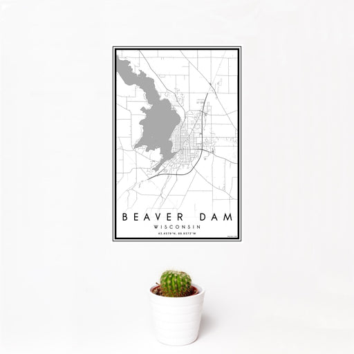 12x18 Beaver Dam Wisconsin Map Print Portrait Orientation in Classic Style With Small Cactus Plant in White Planter