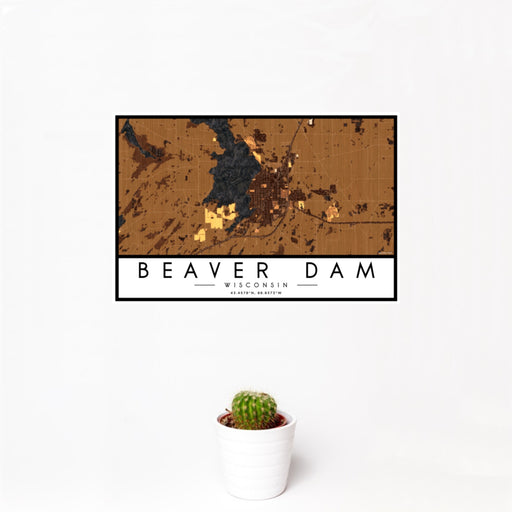 12x18 Beaver Dam Wisconsin Map Print Landscape Orientation in Ember Style With Small Cactus Plant in White Planter