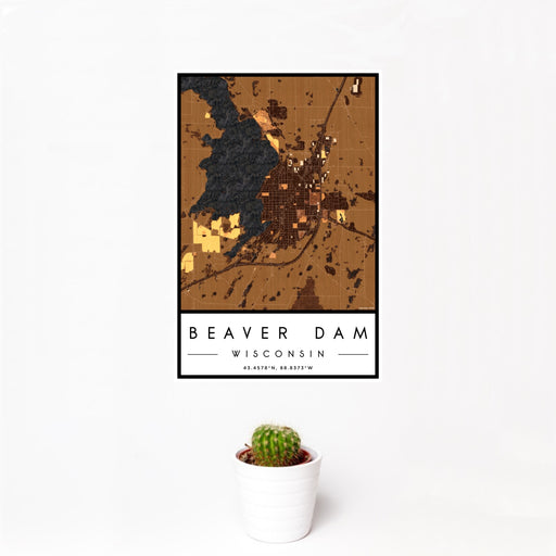 12x18 Beaver Dam Wisconsin Map Print Portrait Orientation in Ember Style With Small Cactus Plant in White Planter