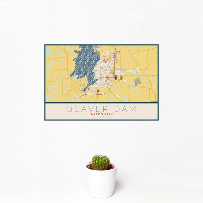 12x18 Beaver Dam Wisconsin Map Print Landscape Orientation in Woodblock Style With Small Cactus Plant in White Planter